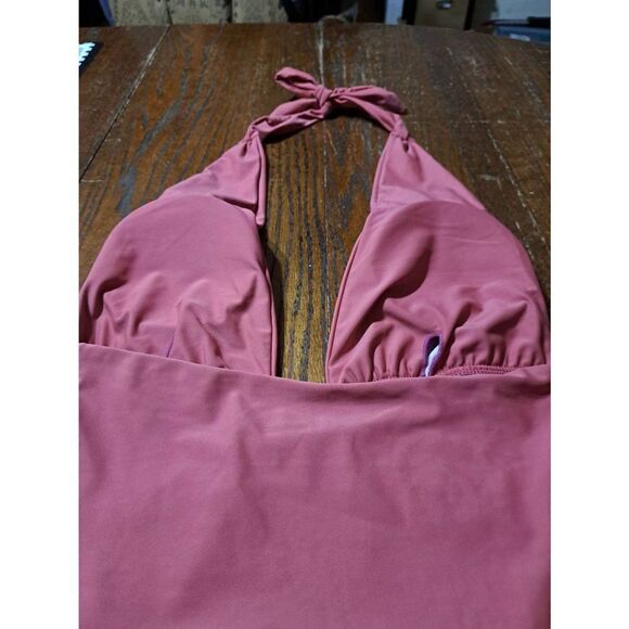 6 Zaful Pink Brick Red Halter Neck Deep Plunge One Piece Swimsuit Bathing Suit - Picture 9 of 10